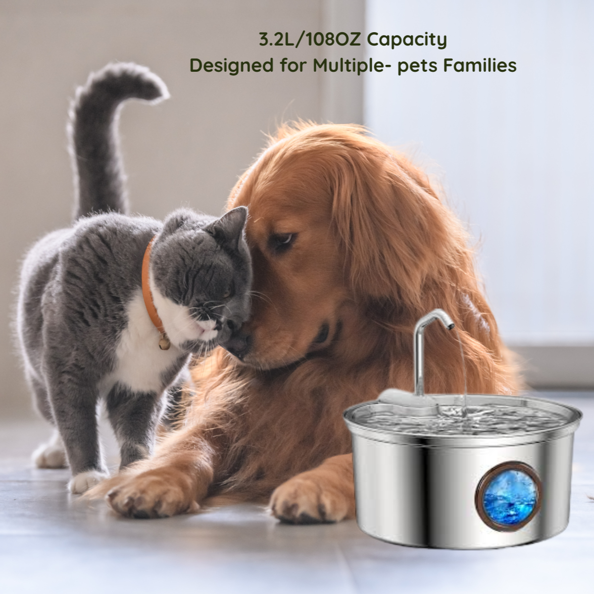 MASAPETS™ Stainless Steel Pet Water Fountain 3.2L/108OZ